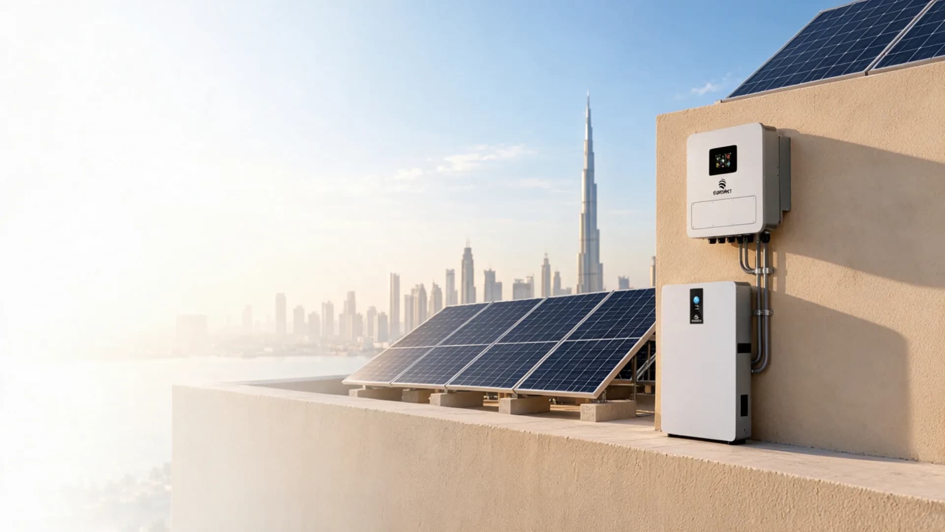 Onduleur hybride et batterie lithium EURONET sur un toit solaire à Dubaï, Burj Khalifa en fond
