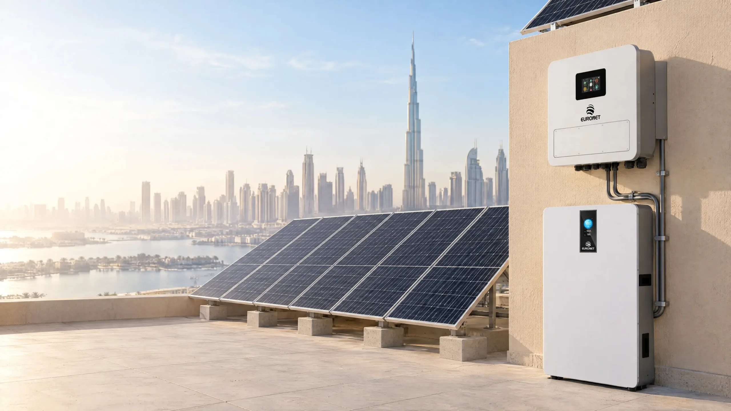 EURONET hybrid inverter and lithium battery on a Dubai rooftop with solar panels, Burj Khalifa skyline in the background