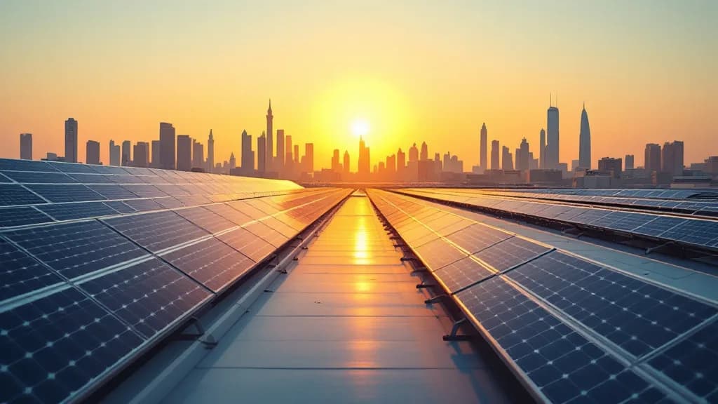 Rows of rooftop solar panels at sunset with the Riyadh skyline in the background