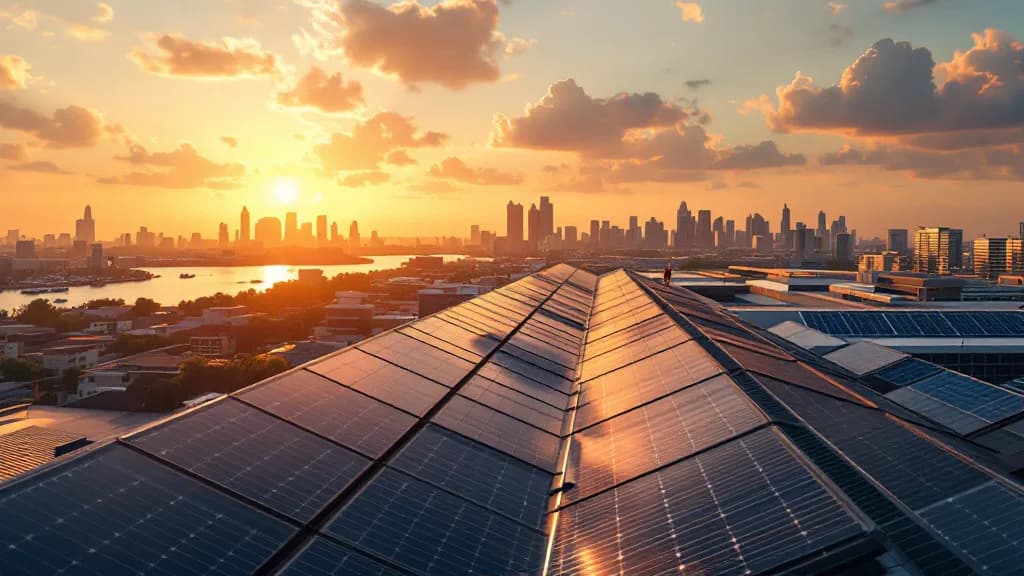 Rooftop solar panels at sunset overlooking the Lagos skyline and lagoon